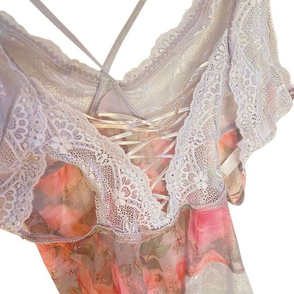Mapale bodysuit nightie lace up back lace trim floral size 1X/2X - Picture 8 of 8